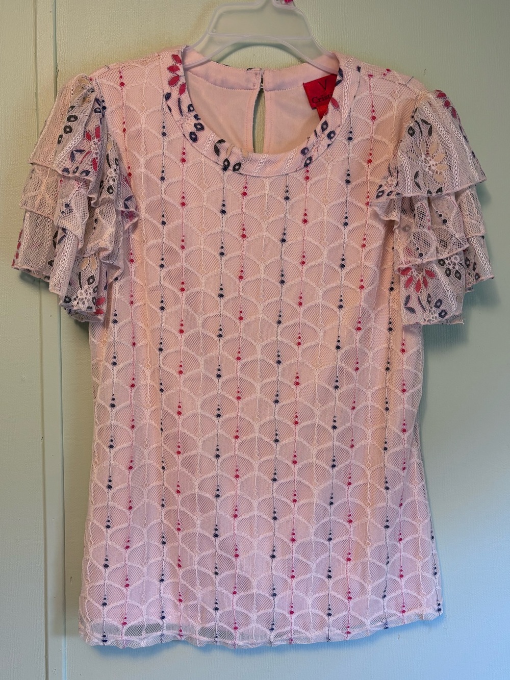 V Cristina Pink Lace Ruffle Sleeve Top Size S